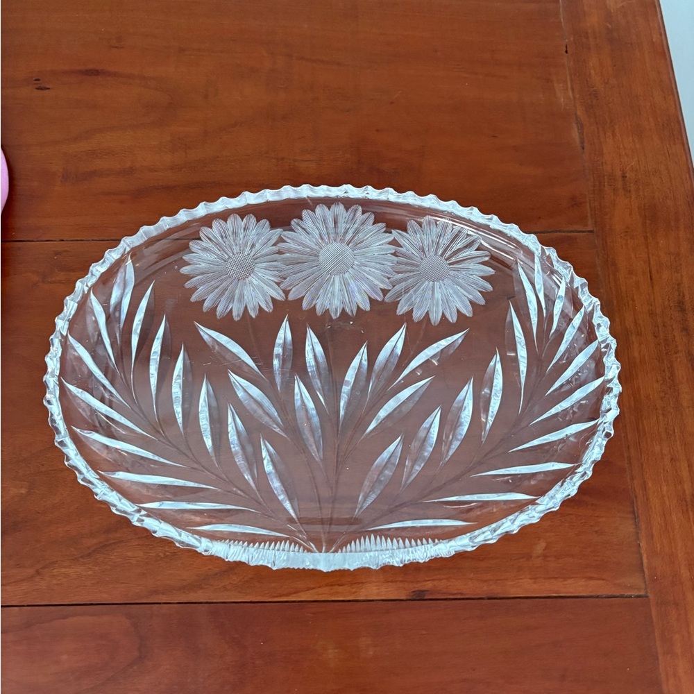Floral Glass Oval Serving Platter 10” Scalloped Edge